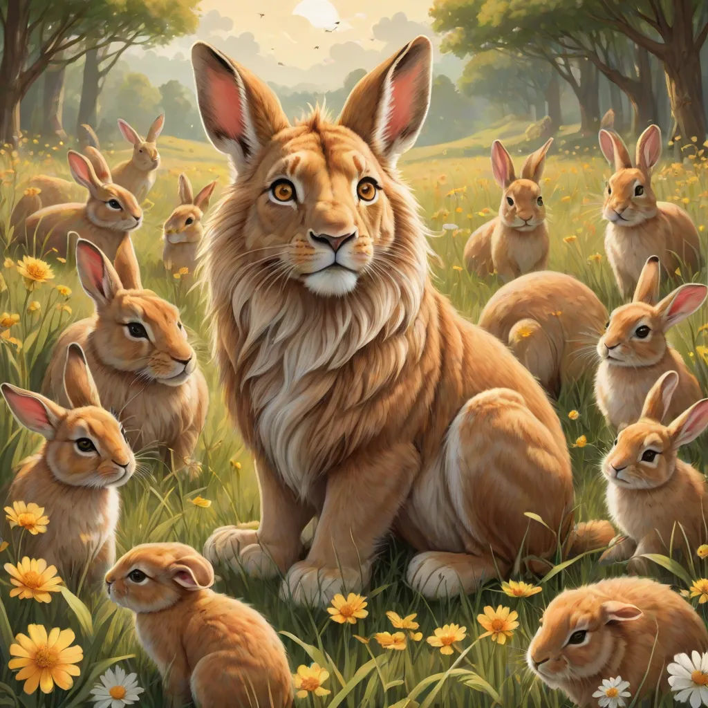 a painting of a rabbit surrounded by rabbits in a field of flowers and daisies with a full moon in the background, furry art, an oil painting, Chris LaBrooy, furaffinity