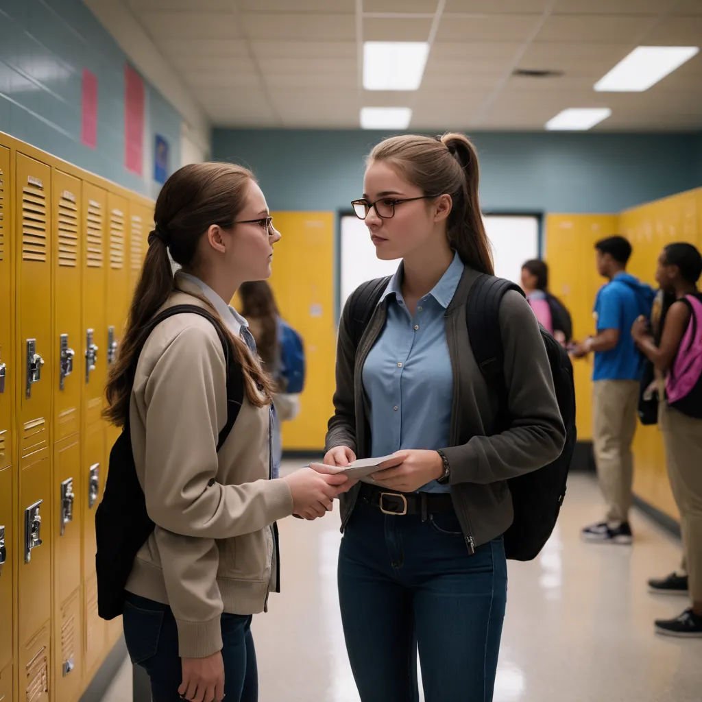 two girls standing in a hallway talking to each other in front of lockers with people in the background, northwest school, a poster, Elinor Proby Adams, movie still