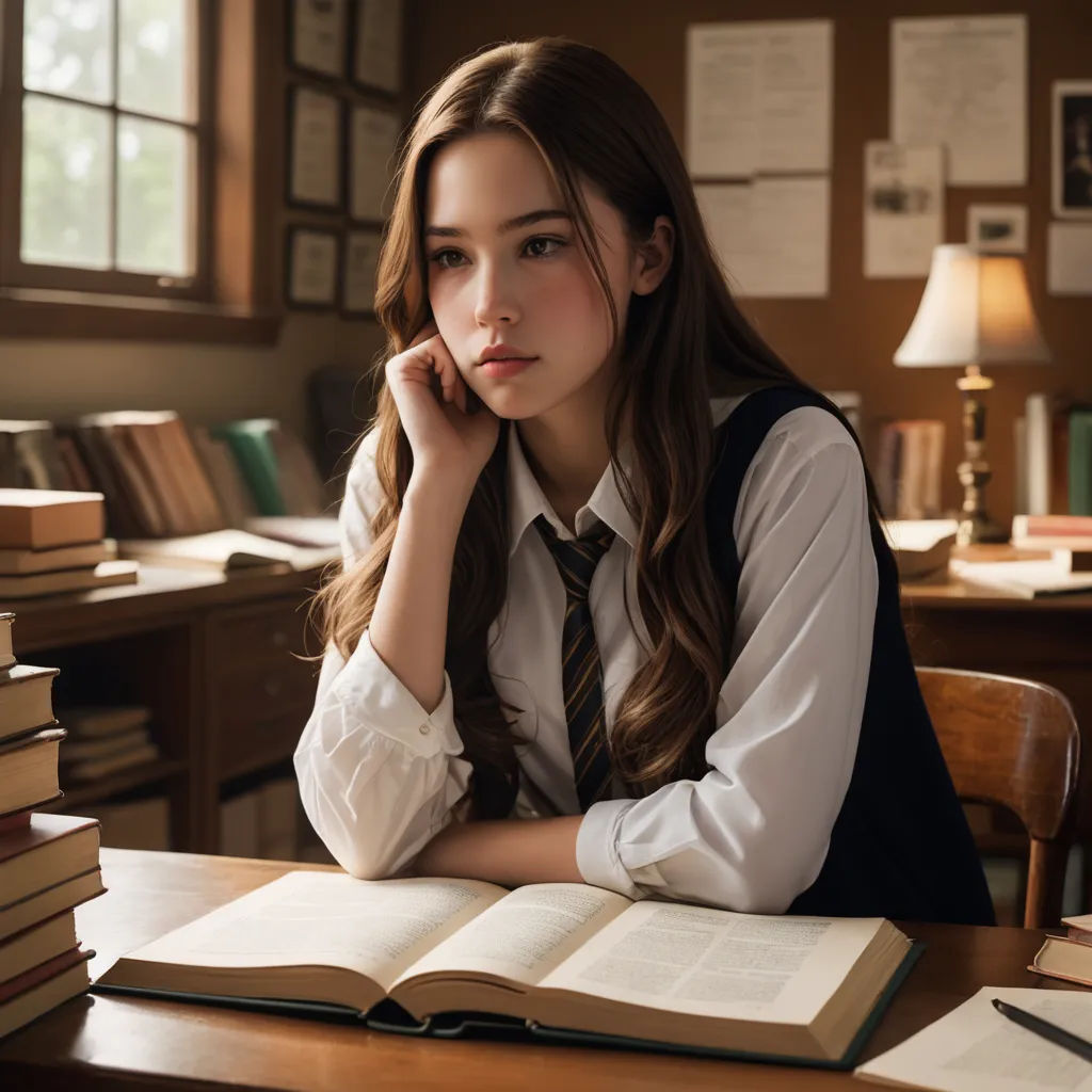 a woman sitting at a desk with a book and a lamp on it's side and a stack of books on the desk, vancouver school, a character portrait, Elina Karimova, vfx