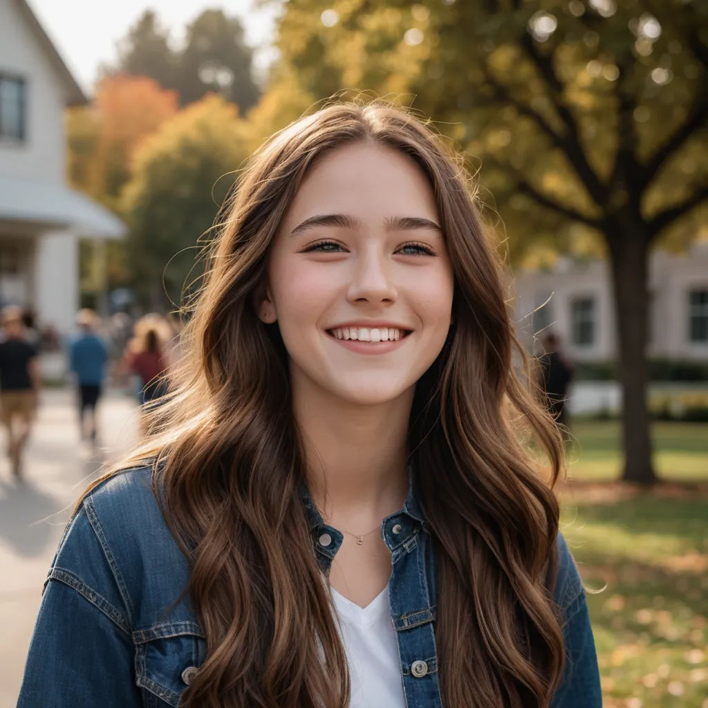 a girl with long hair smiling at the camera with a house in the background and people walking on the sidewalk, vancouver school, a character portrait, Brigette Barrager, short smile
