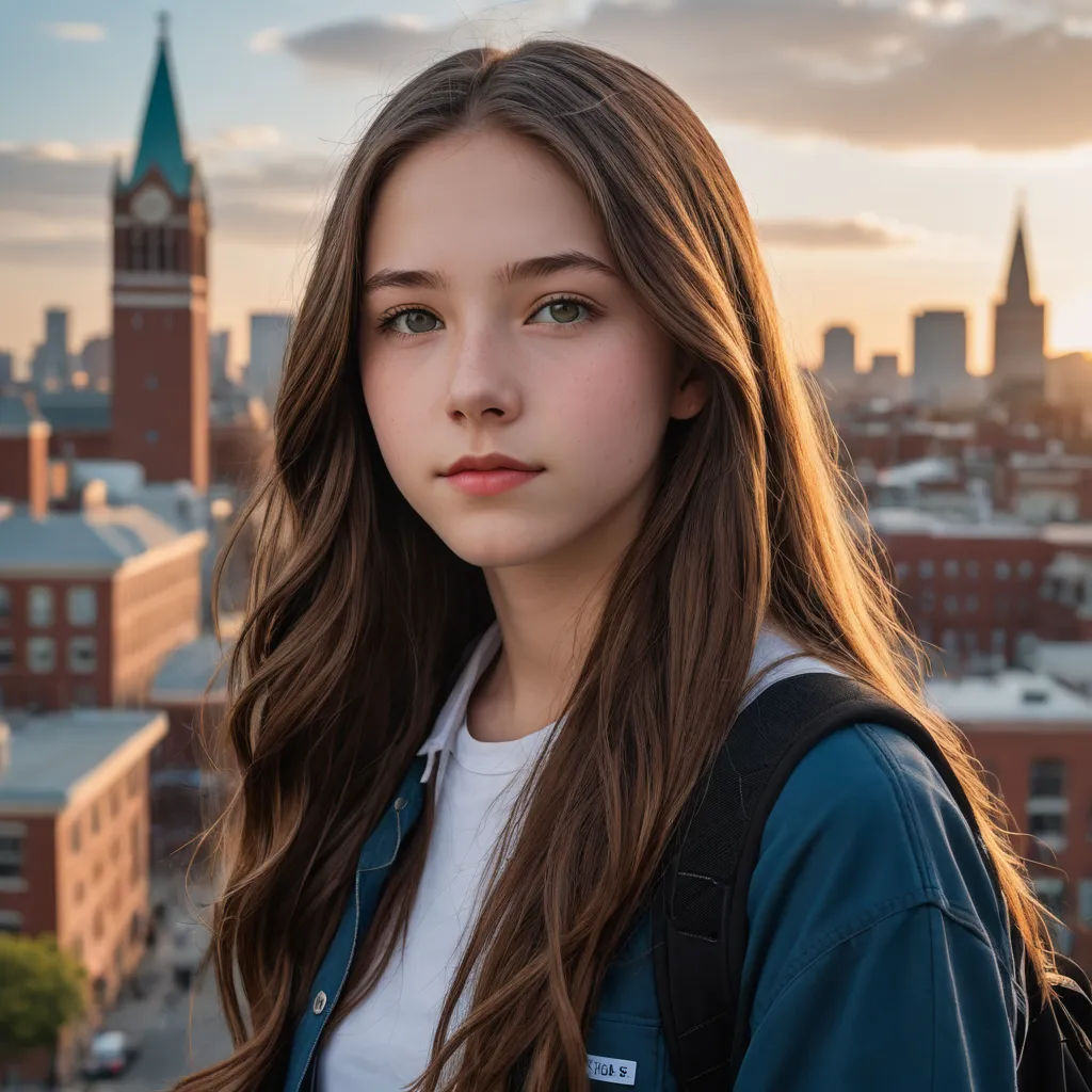 a girl with long hair standing in front of a city skyline at sunset with a view of a clock tower, paris school, a character portrait, Brigette Barrager, city background