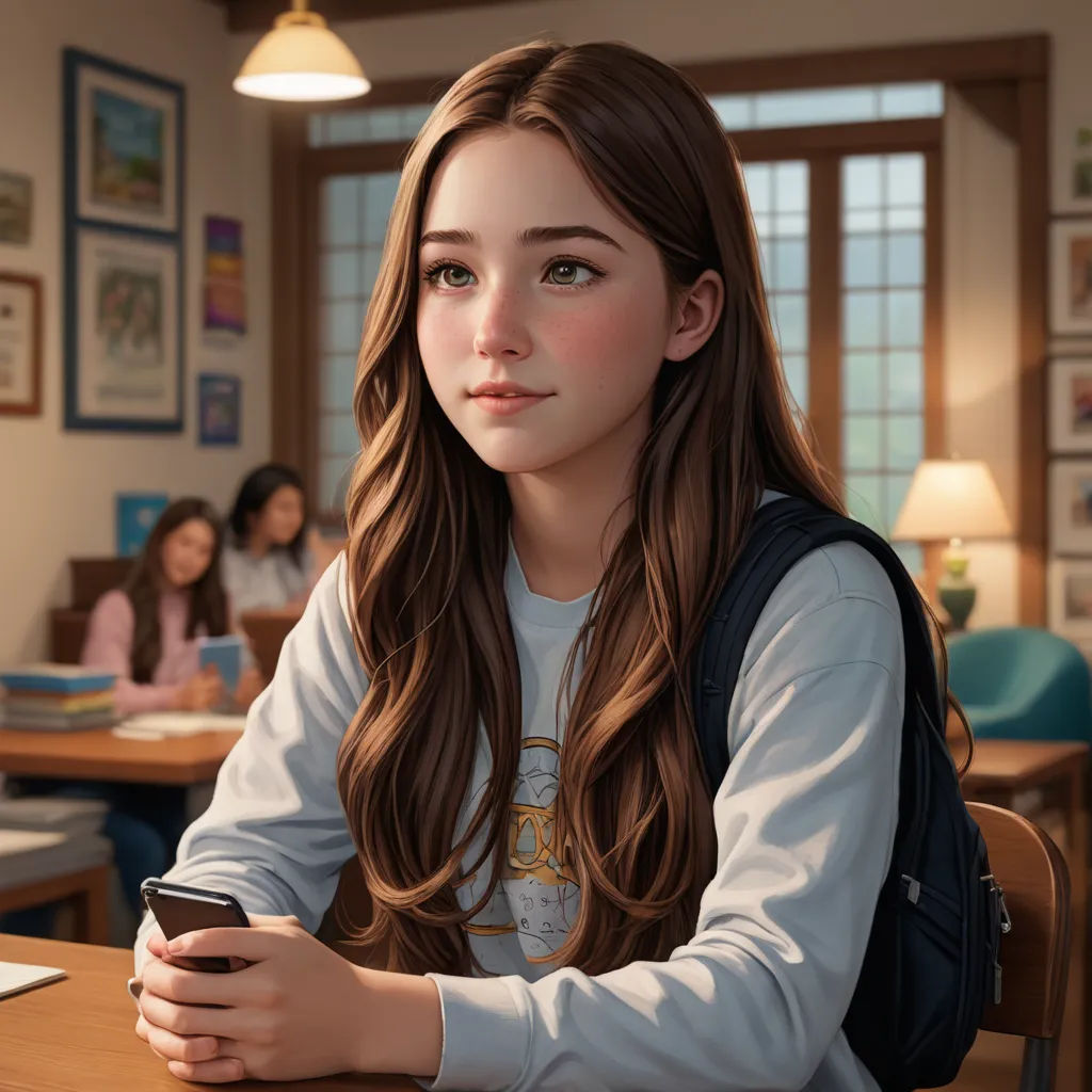 a girl sitting at a table with a cell phone in her hand and a girl standing behind her looking at the camera, sots art, a photorealistic painting, Elina Karimova, ultra realistic digital art
