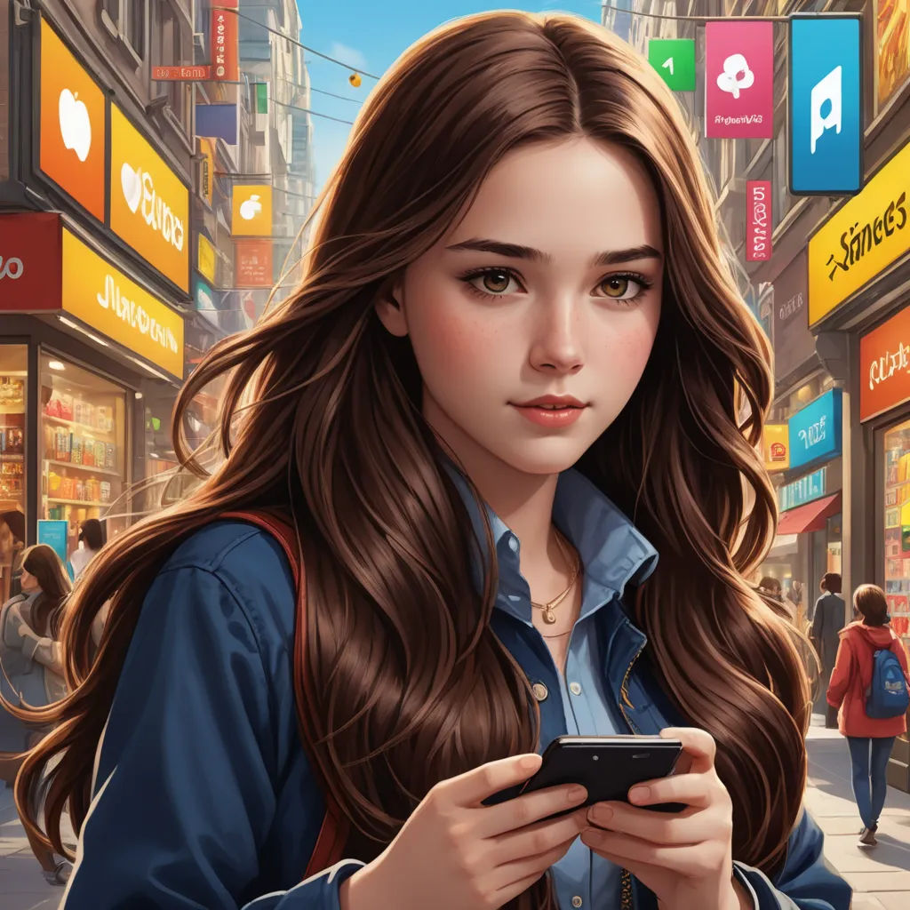 a girl is looking at her phone while walking down the street in a city with stores and stores on the sides, american scene painting, computer graphics, Artgerm, city background