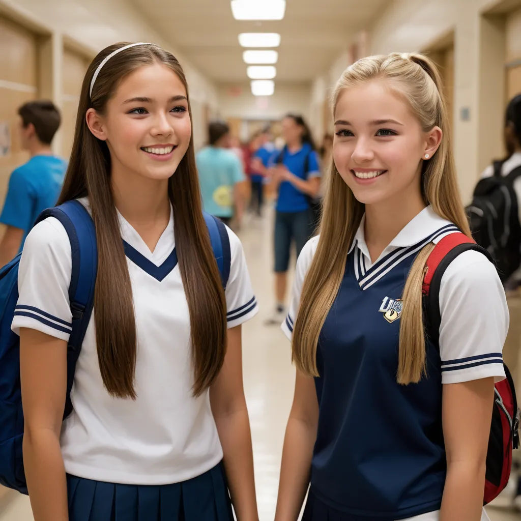 two girls in school uniforms standing in a hallway with backpacks on their shoulders and smiling at the camera, northwest school, a stock photo, disney, promotional image