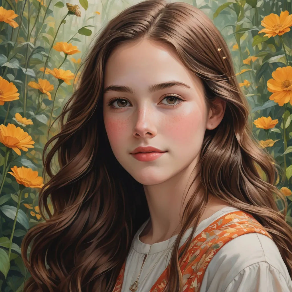 a painting of a girl in a field of flowers with long hair and a white shirt on, with a yellow flower in the background, photorealism, a detailed painting, Brad Kunkle, highly detailed digital painting