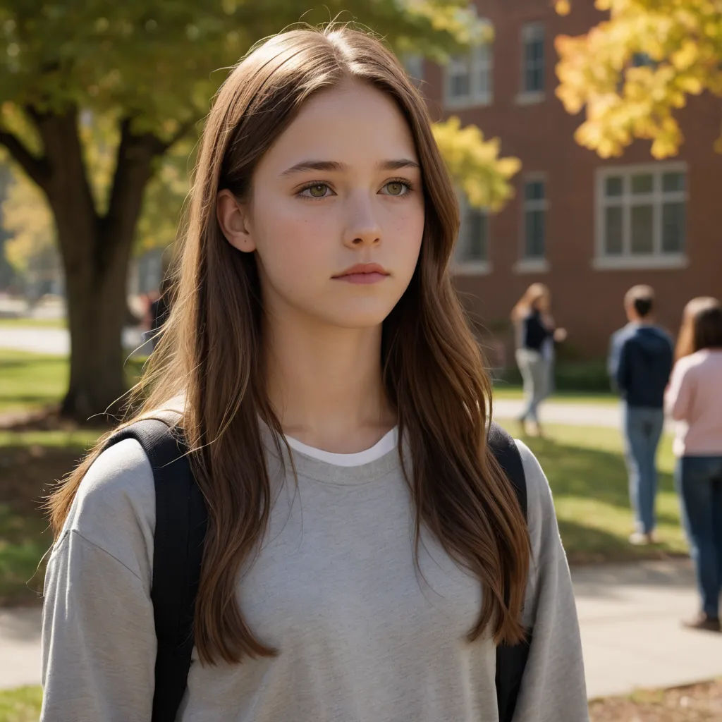 a girl with long hair and a backpack on a sidewalk in front of a building with people walking by, rayonism, a character portrait, Elinor Proby Adams, movie still