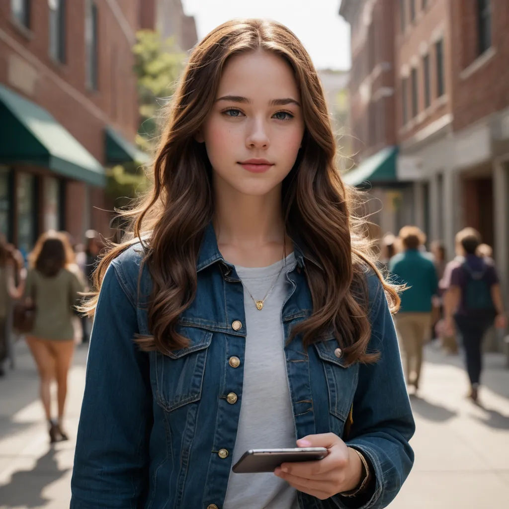 a woman in a denim jacket is looking at her cell phone while walking down the street with people walking by, aestheticism, a stock photo, Elina Karimova, girl