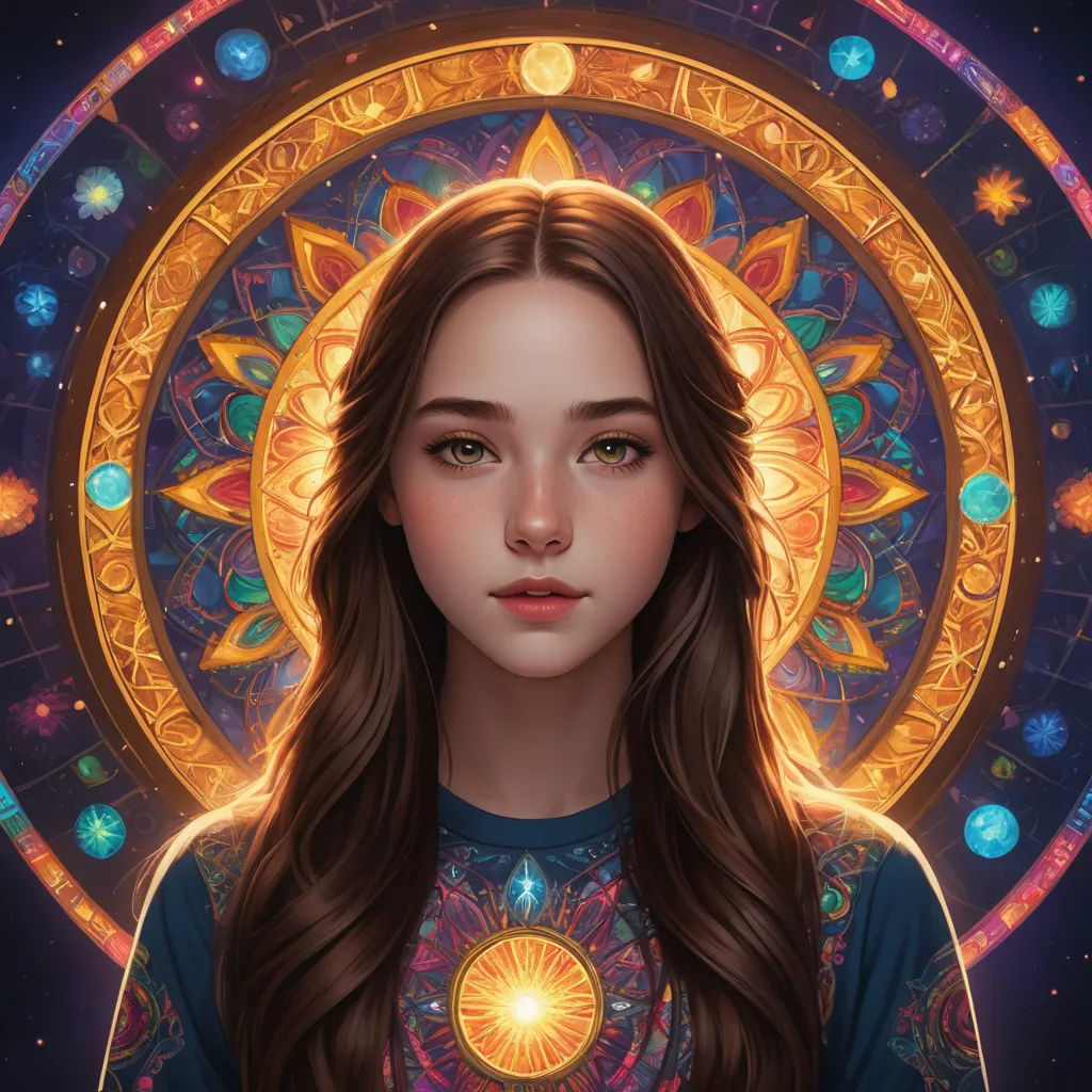 a girl with long hair and a sun in her eyes, standing in front of a circular window with a star, fantasy art, a detailed painting, Anna Dittmann, trending on art station