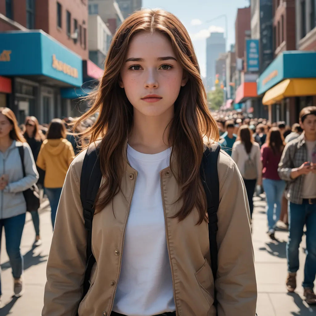 a woman standing in the middle of a crowded street with a backpack on her shoulder and people walking on the sidewalk behind her, aestheticism, a stock photo, Elina Karimova, girl