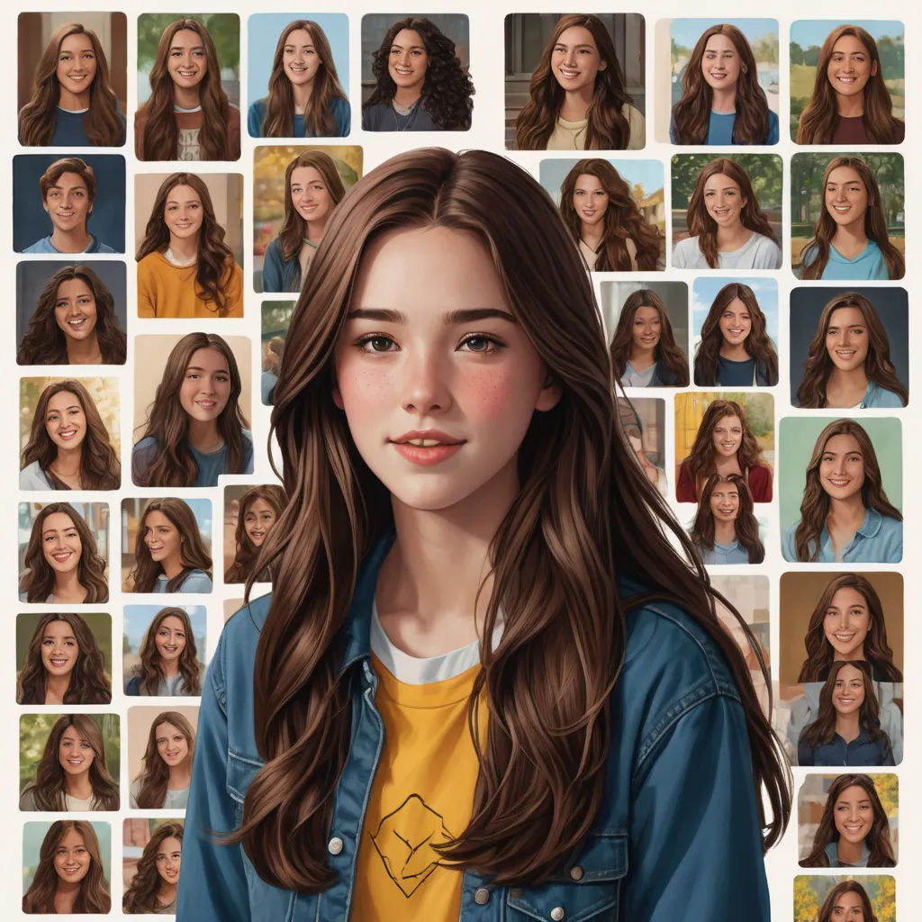 a woman with long hair and a denim jacket is surrounded by many different faces of women in different colors, photorealism, a character portrait, Chris LaBrooy, highly detailed digital painting