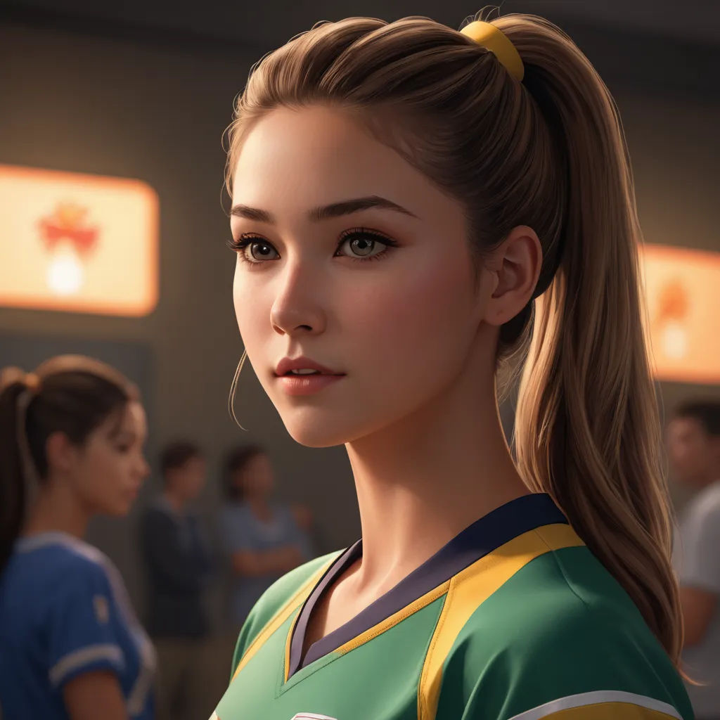 a girl in a uniform is standing in a room with other people in the background and a woman with a ponytail is looking at the camera, photorealism, a photorealistic painting, Artgerm, rossdraws global illumination