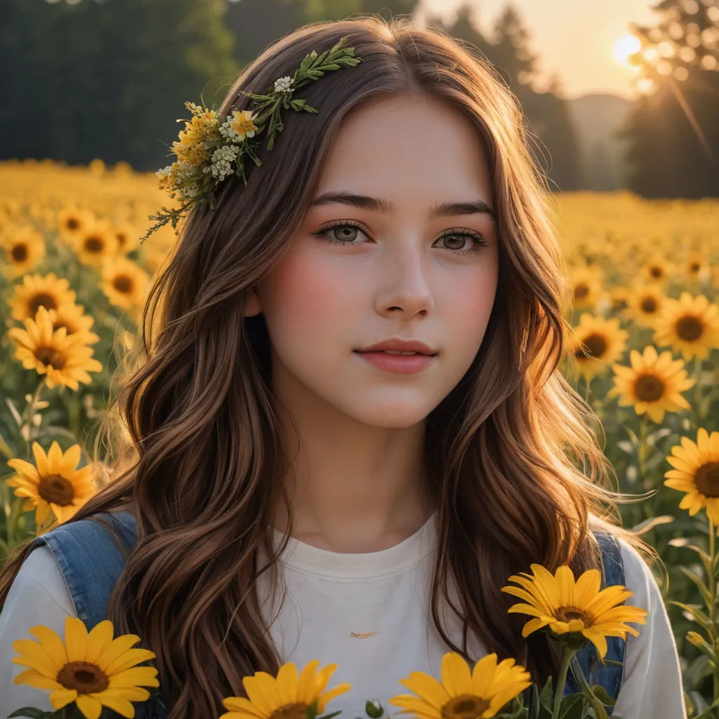 a girl with a flower in her hair standing in a field of sunflowers at sunset with the sun shining on her face, color field, a stock photo, Brigette Barrager, sun