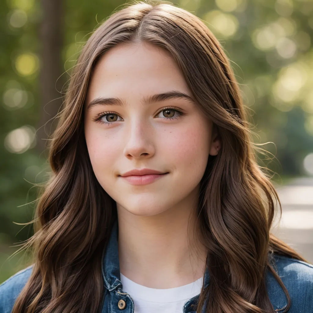 a young girl with long hair and a denim jacket on is looking at the camera and smiling at the camera, american barbizon school, a character portrait, Brigette Barrager, leesha hannigan