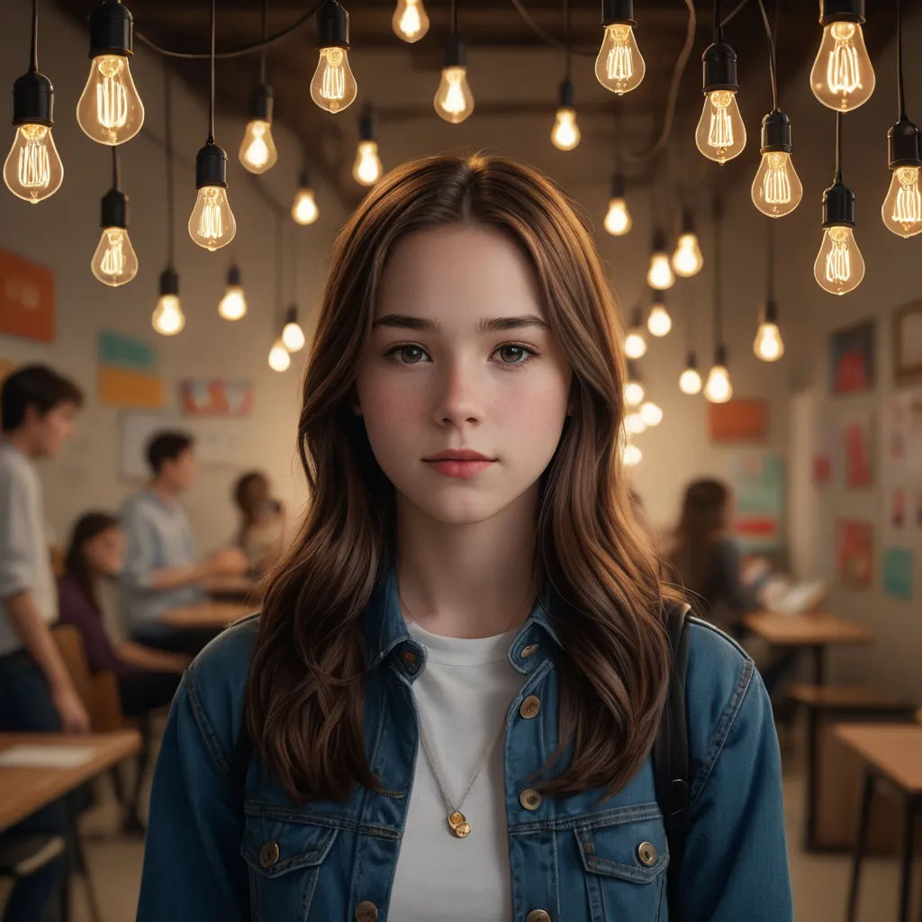 a girl standing in a classroom with many light bulbs hanging from the ceiling above her head and a group of people in the background, computer art, a photorealistic painting, Elina Karimova, warm lighting