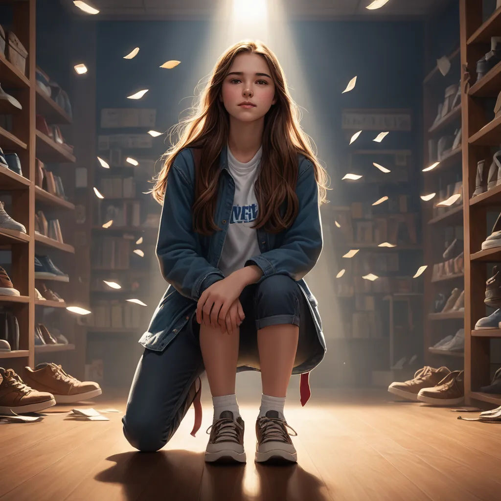 a girl sitting on a floor in a room with a lot of shoes on the floor and a light shining on her, rayonism, poster art, David Park, promotional image
