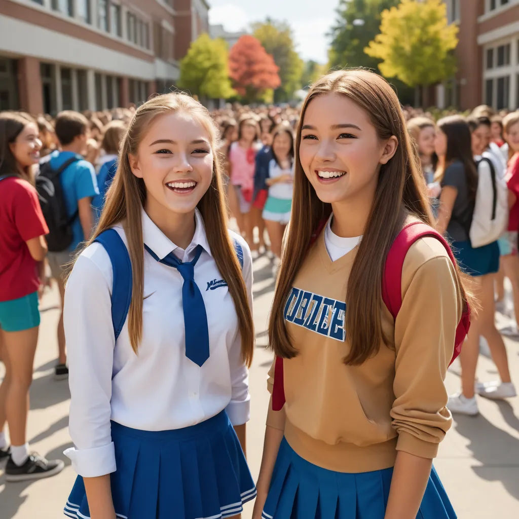 two girls in school uniforms standing next to each other in front of a crowd of people on a street, vancouver school, a stock photo, Brigette Barrager, promotional image