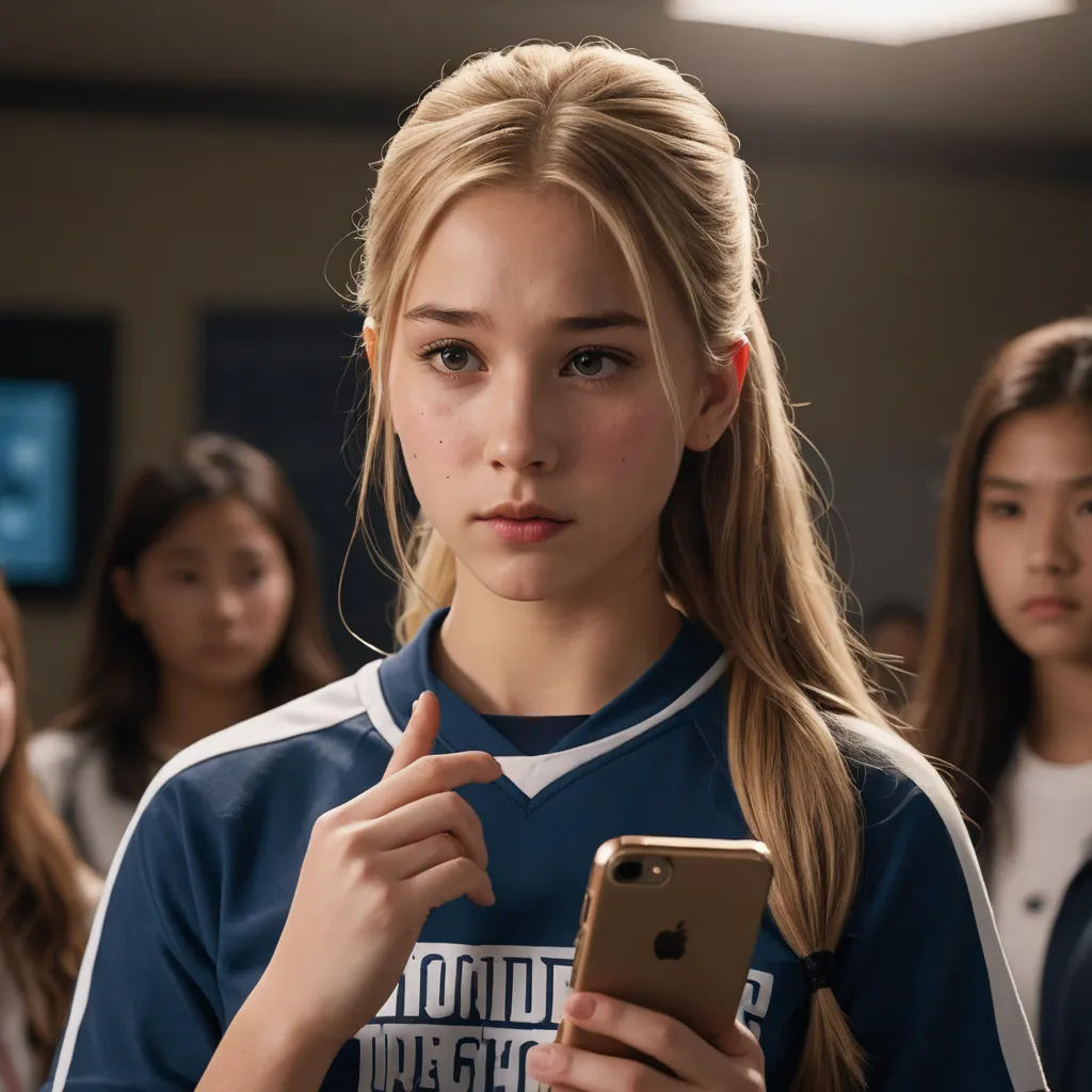 a girl holding a cell phone in a room with other girls looking on and looking at her phone screen, aestheticism, a hologram, David Park, movie still