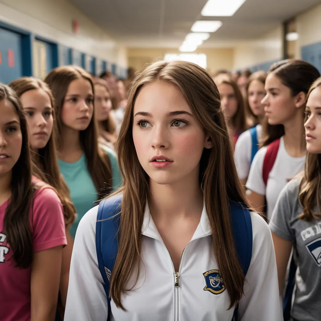 a group of girls standing in a hallway with a girl in the middle of the room looking at the camera, vancouver school, a poster, Barbara Greg, movie still