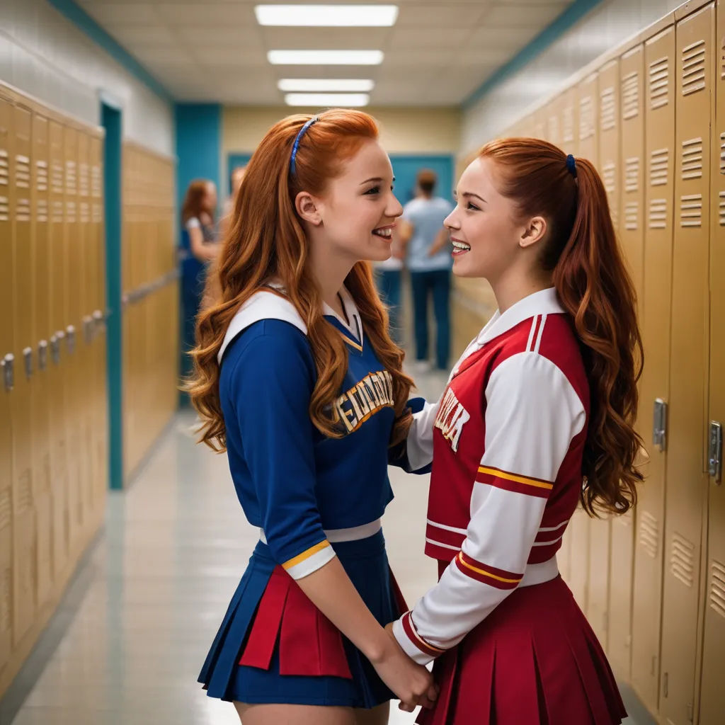 two girls in cheerleader outfits standing in a hallway next to lockers and smiling at each other with their hands on their hips, vancouver school, a poster, Barbara Greg, promotional image