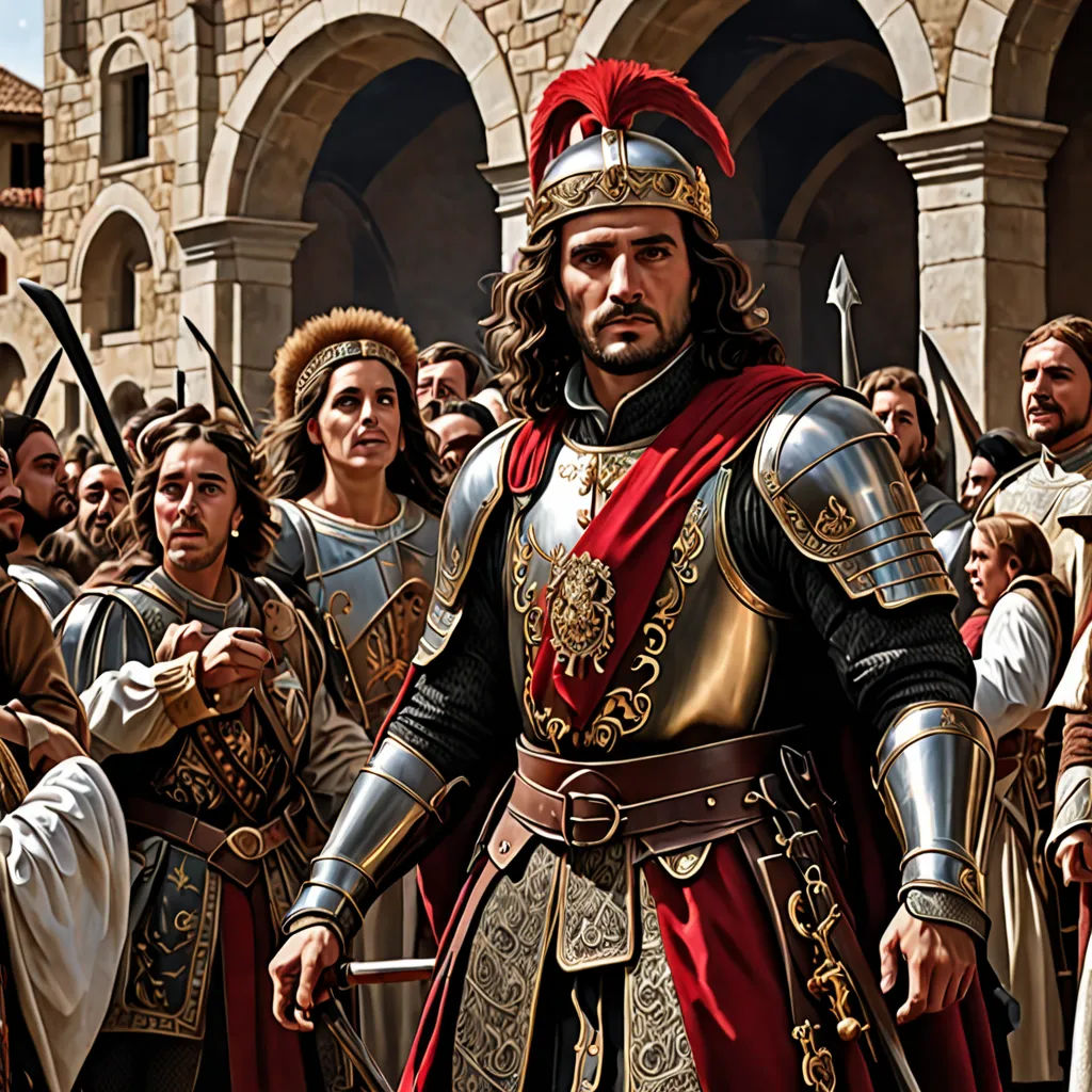 a man in a suit of armor surrounded by other men in armor and holding swords and standing in front of a crowd, antipodeans, a detailed matte painting, Eugenio de Arriba, highly detailed digital painting