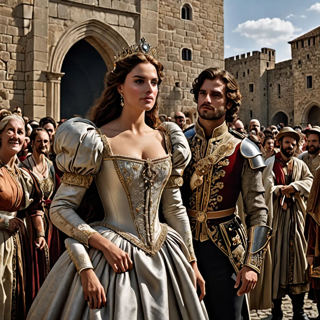 a man and a woman dressed in medieval clothing standing in front of a crowd of people in front of a castle, renaissance, a detailed matte painting, Eva Gonzalès, promotional image