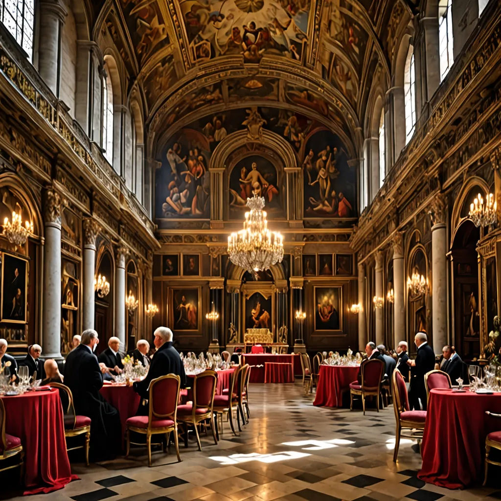 a large dining hall with a chandelier and a checkered floor and a chandelier hanging from the ceiling, mannerism, a flemish Baroque, Christopher Wren, award - winning photography