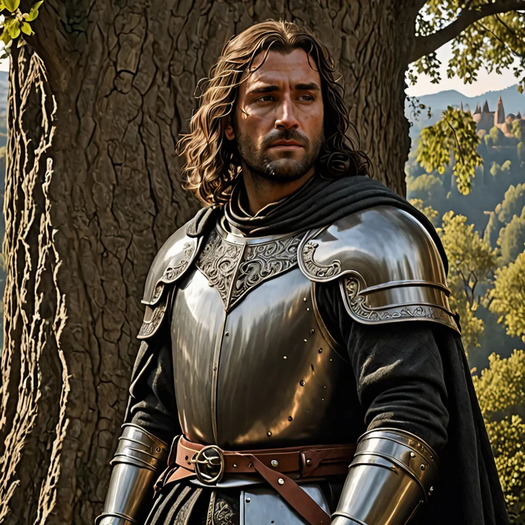 a man in a suit of armor standing next to a tree in a forest with a mountain in the background, antipodeans, a character portrait, Bernard D’Andrea, medieval