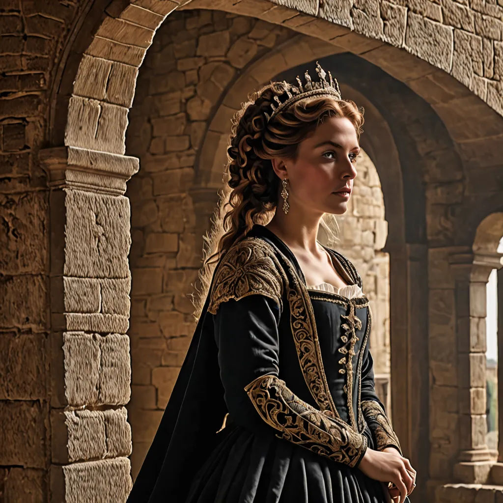 a woman in a medieval dress standing in an archway with a stone wall behind her and a stone archway behind her, renaissance, a flemish Baroque, Christabel Dennison, promotional image