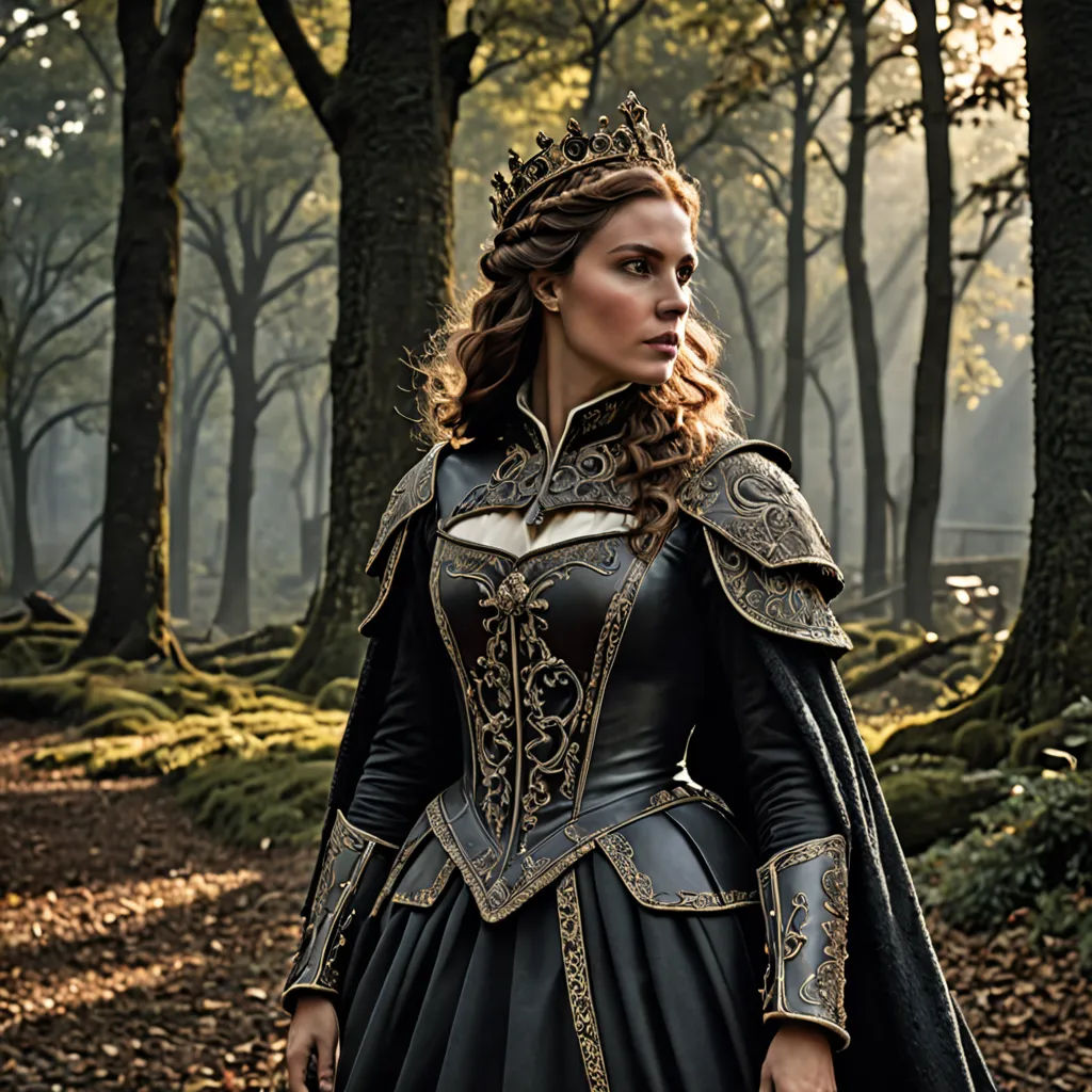 a woman in a black dress and a crown in a forest with trees and leaves on the ground and a path, antipodeans, a flemish Baroque, Anna Maria Barbara Abesch, promotional image