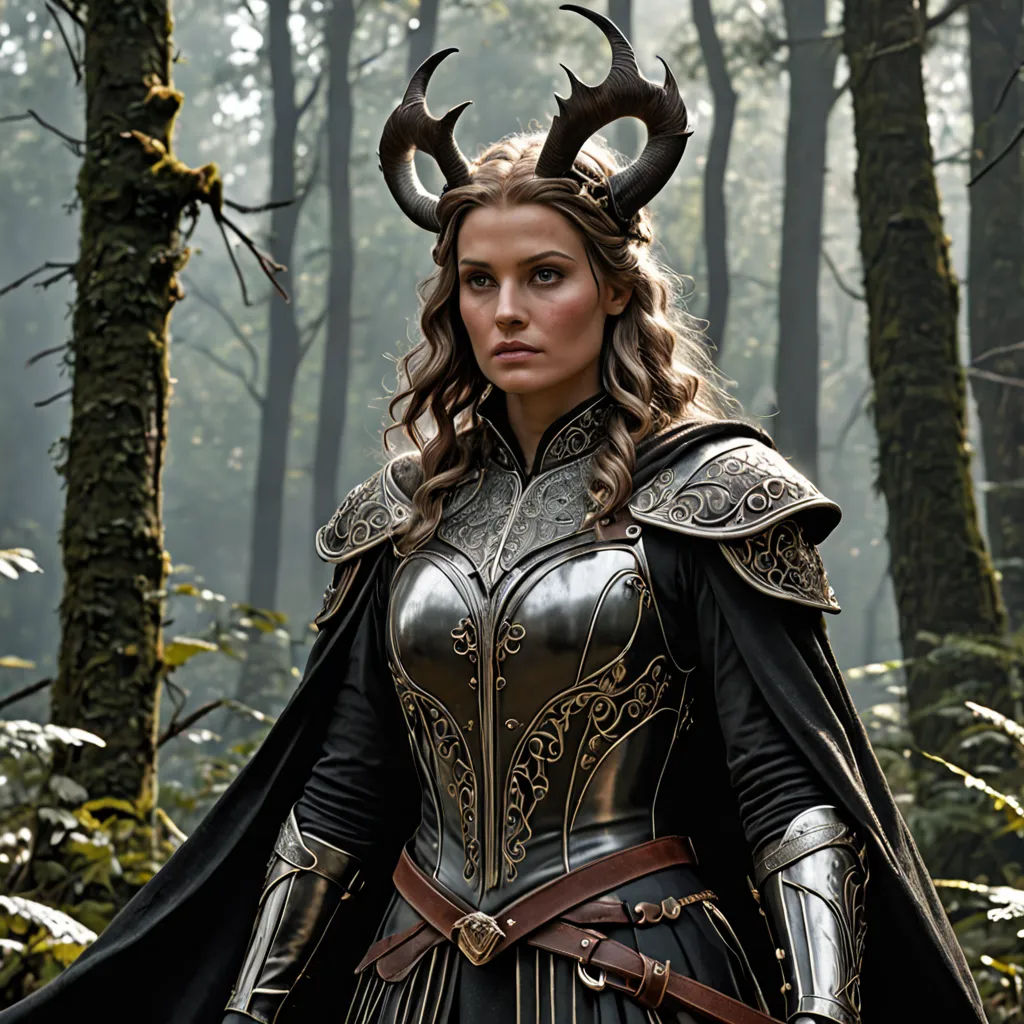 a woman dressed in a costume standing in a forest with horns on her head and a sword in her hand, antipodeans, a poster, Aramenta Dianthe Vail, promotional image