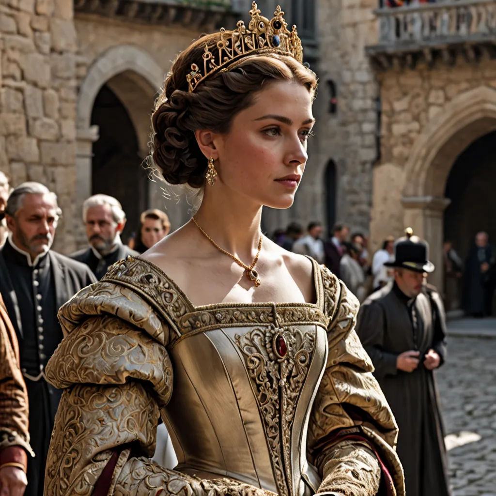 a woman in a golden dress standing in front of a crowd of people in renaissance dress and tiara, renaissance, a flemish Baroque, Anna Maria Barbara Abesch, promotional image