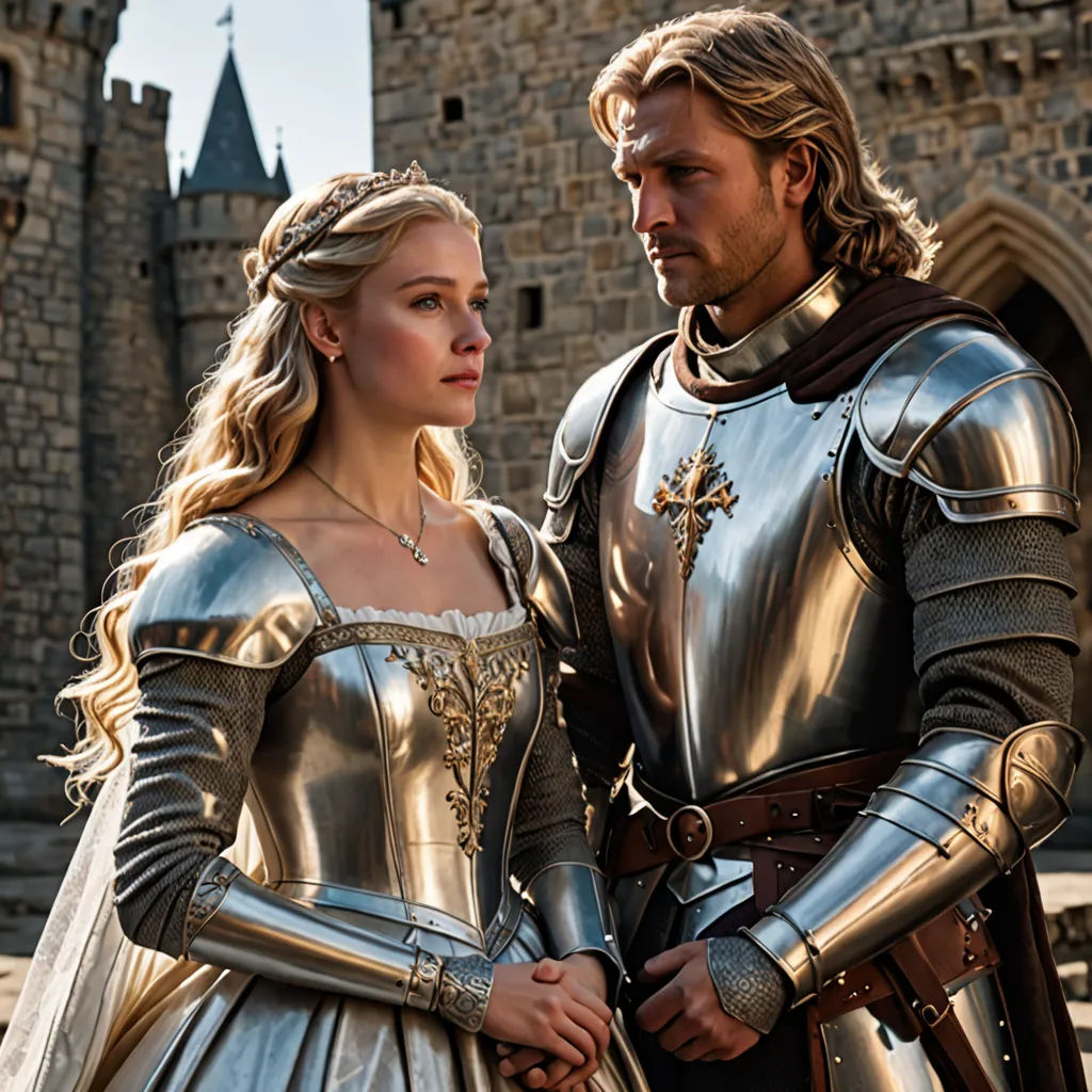 a man and a woman dressed in medieval costumes standing in front of a castle with a castle in the background, international gothic, a detailed matte painting, Anna Maria Barbara Abesch, promotional image