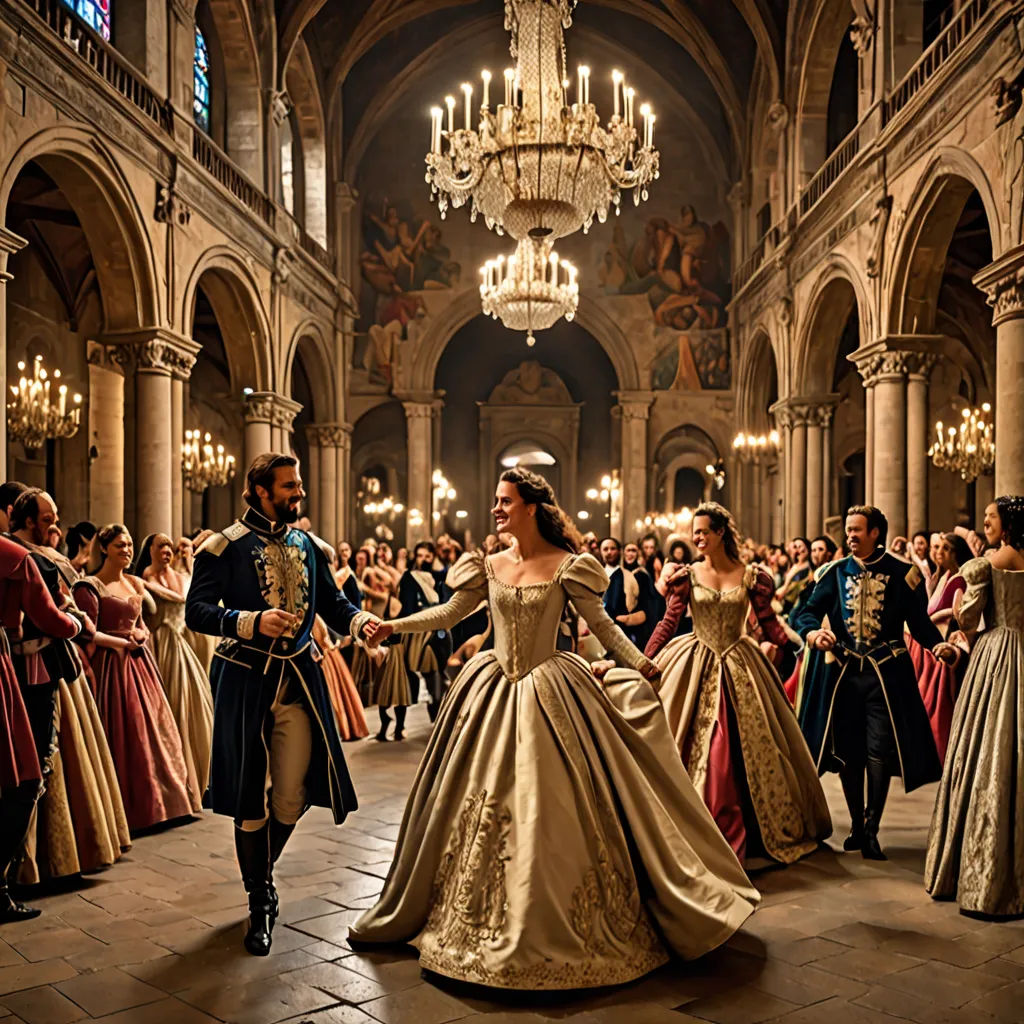 a man and woman in renaissance dress dancing in a ballroom with a crowd of people in the background wearing fancy clothing, renaissance, a flemish Baroque, Enguerrand Quarton, promotional image