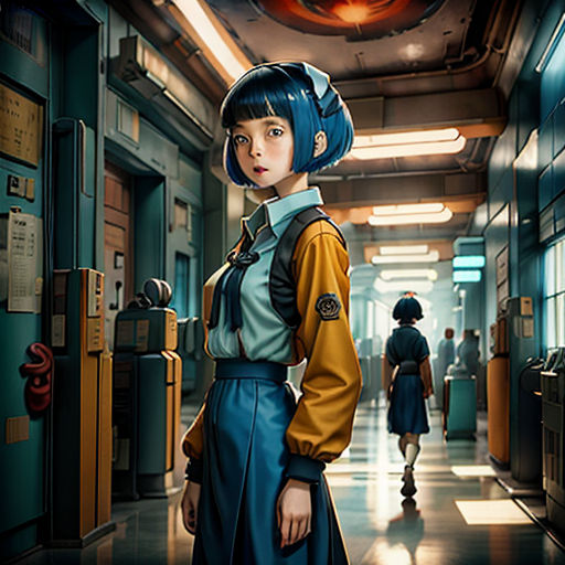 a woman in a uniform standing in a hallway with a clock on the wall behind her and a man in a suit and tie