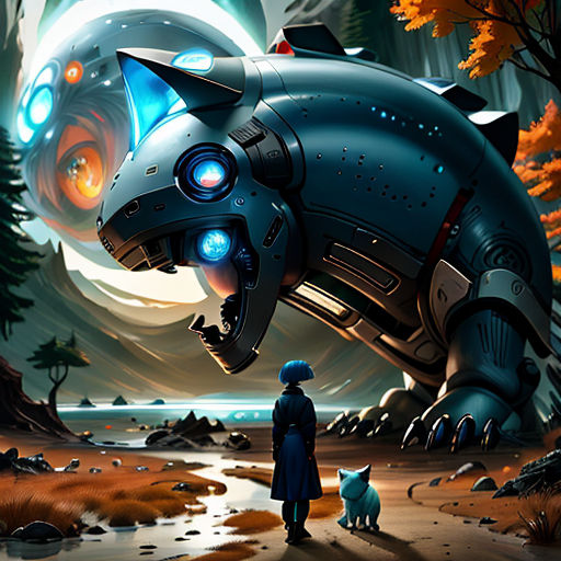 a man and a dog looking at a futuristic creature in the woods with a full moon in the background
