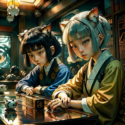 two girls sitting at a table with a cat on it's head and a cat on the table