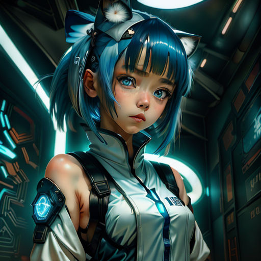 a woman with blue hair and a cat ears outfit standing in a dark room with a clock on the wall
