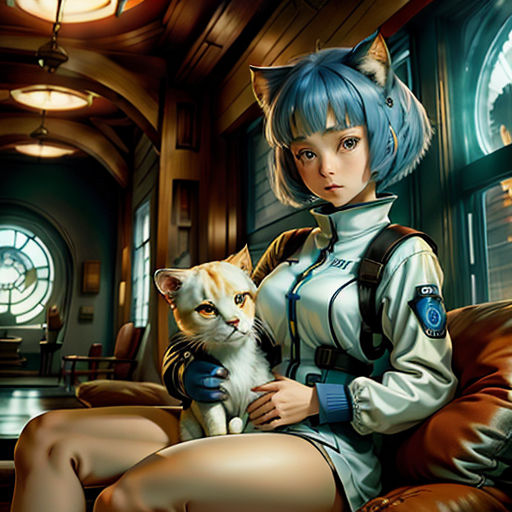 a woman sitting on a couch holding a cat in her lap and a cat in her lap, with a clock in the background