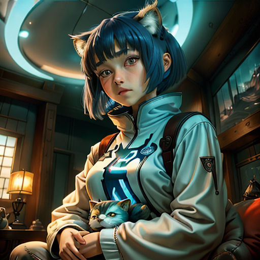 a woman with a cat on her shoulder sitting in a room with a cat on her shoulder and a cat on her shoulder