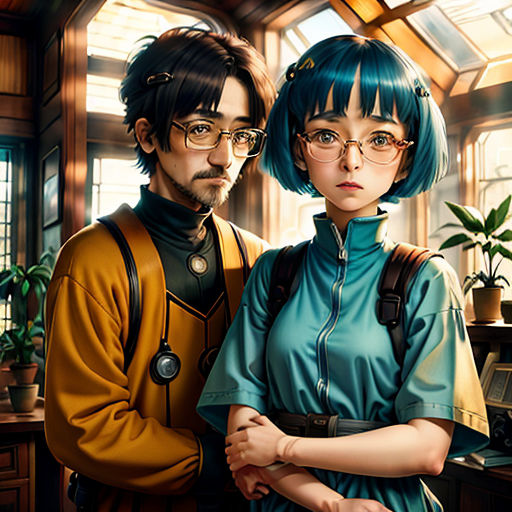 a man and a woman standing next to each other in a room with a window and a plant in the corner