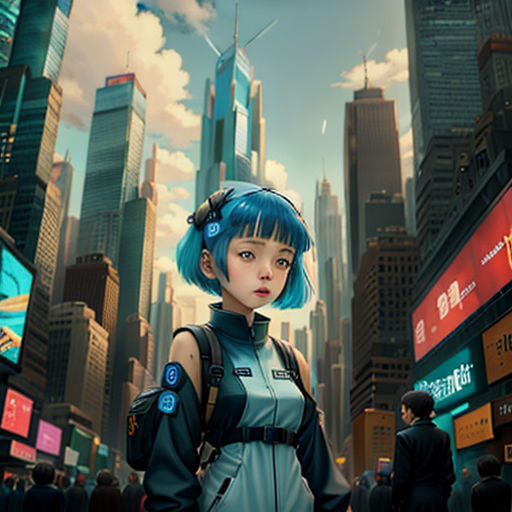 a woman with blue hair standing in a city street with skyscrapers in the background and a sky background