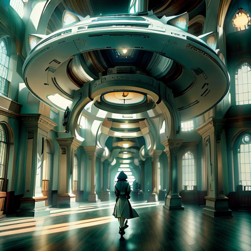 a person walking through a large building with a clock on the wall and a circular ceiling in the middle