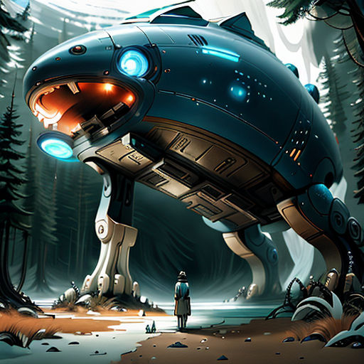 a futuristic looking creature with a man standing in front of it in the woods with trees and a moon