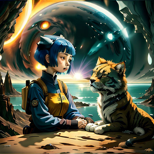 a girl sitting next to a tiger on a rock near a body of water with a giant fish in the background