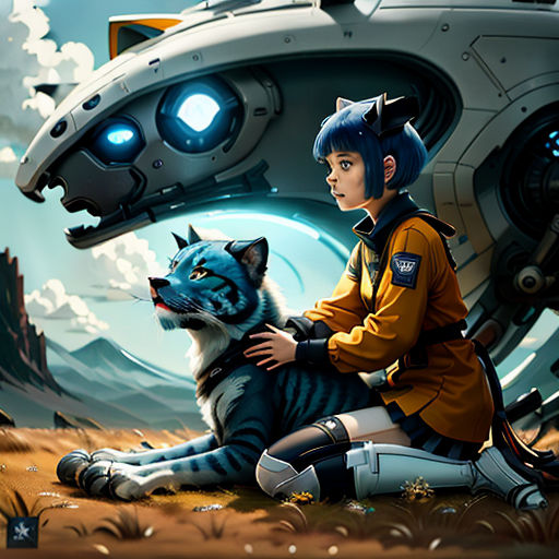 a girl sitting on the ground next to a wolf in front of a robot ship with a glowing eye