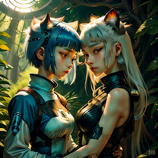 two anime characters standing next to each other in the woods with a cat on their head and a wolf on their shoulder