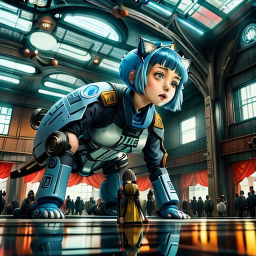 a cartoon character is standing in a building with a robot suit on and a large crowd of people behind her