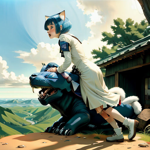 a woman riding on the back of a blue dragon next to a building and a forest filled with trees