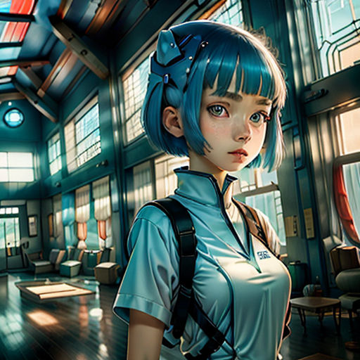 a woman in a blue shirt and a backpack in a room with windows and a clock on the wall