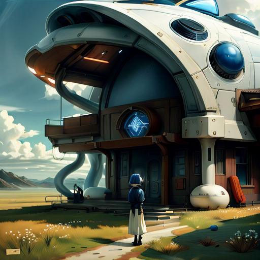 a man standing in front of a futuristic building with a clock on it's face and a sky background